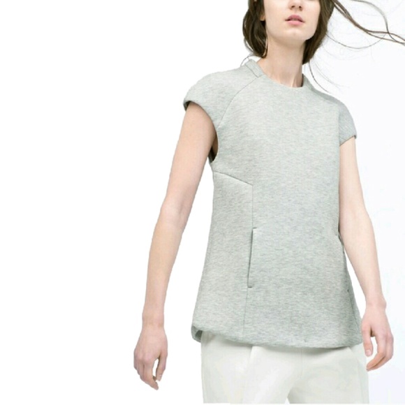 ZARA CAP SLEEVE ZIP BACK MODERN STRUCTURED SCUBA TOP WITH POCKETS - Picture 3 of 8